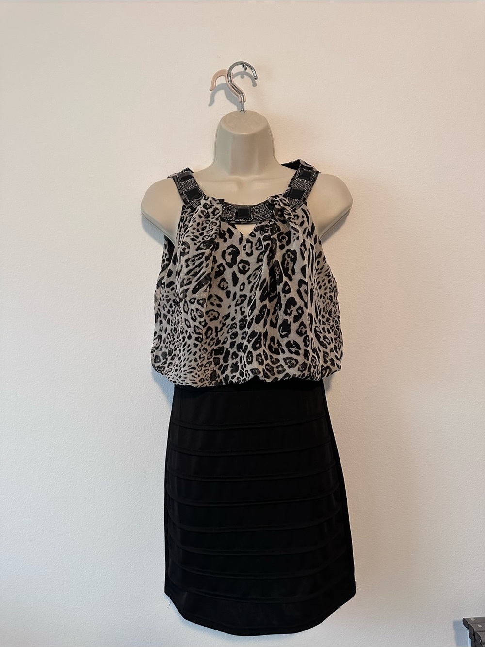 Sleeveless Leopard Print Blouson Dress with Black Skirt